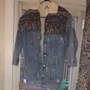 Zara Blue Jean Jacket with Patterned Collar